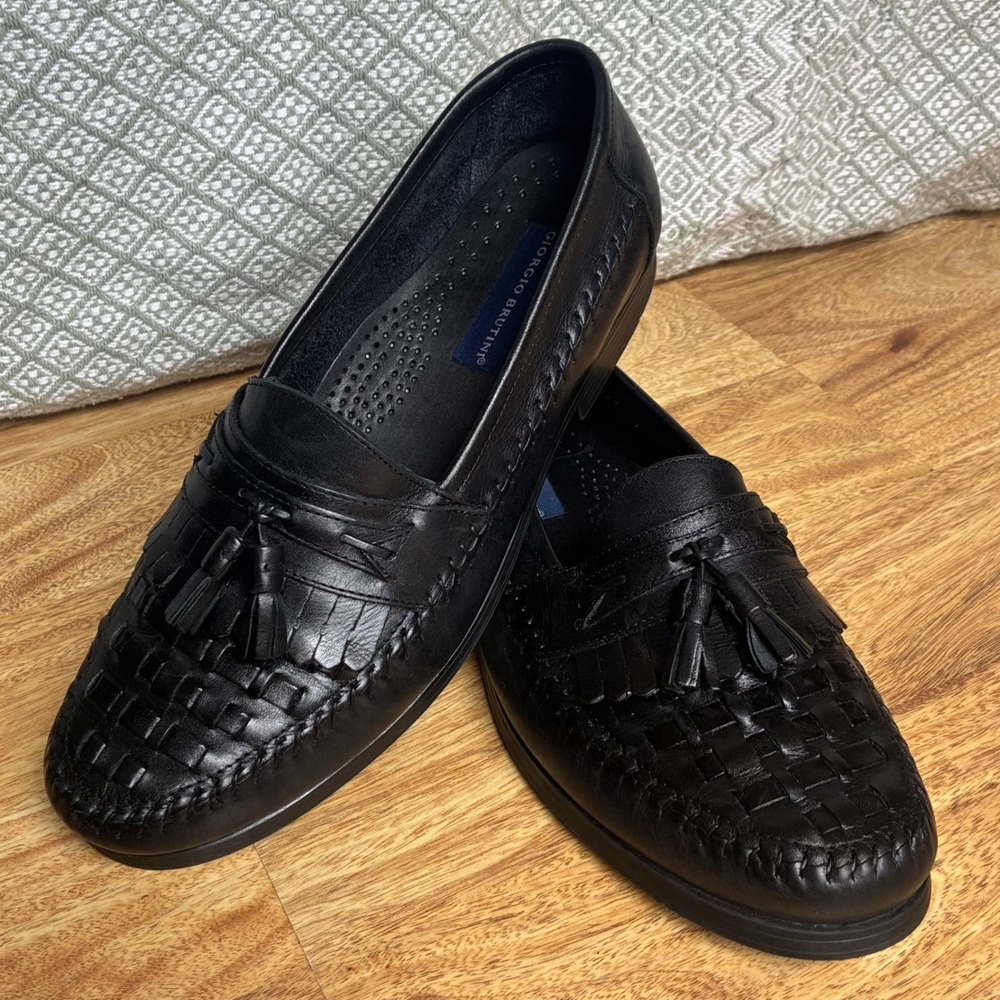 Giorgio Brutini Men's Black Basket Weave Leather Tassel Slip-On Loafers 10.6